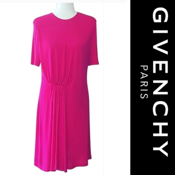 Givenchy Magenta High Neck Ruched Midi Jersey Knit Dress